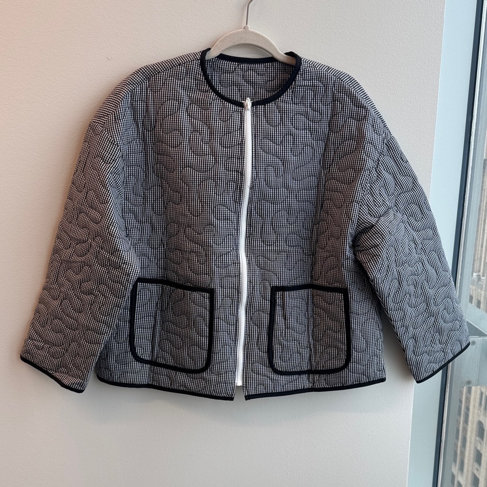 Quilted Gingham Black White Zip-Front Jacket Size L Abstract